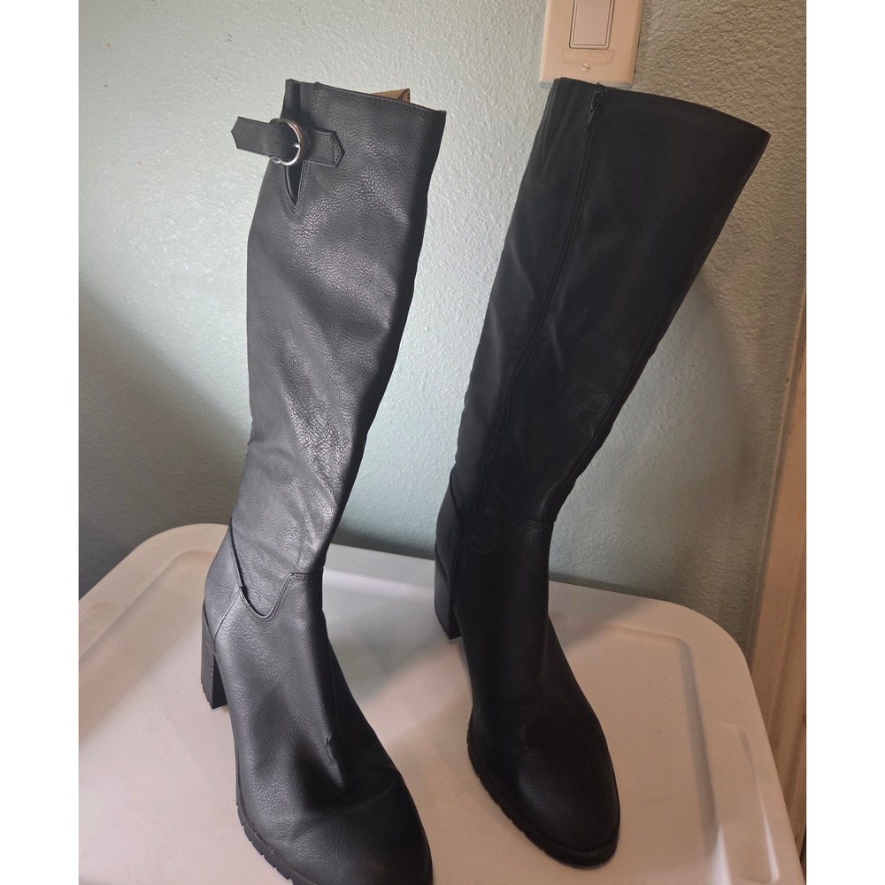 LifeStride Womens Black Tall Knee High Boots Block Heel Buckle Detail Lug Sole